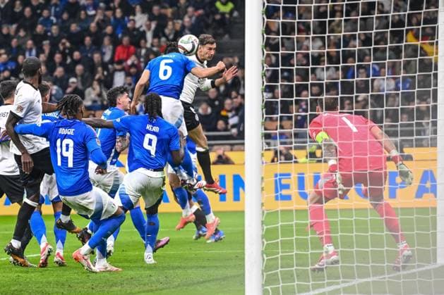 Leon Goretzka (Germany) scores his team s second goal during the UEFA Nations League quarterfinal leg one match between Italy and Germany at Stadio San Siro on March 20, 2025 in Milan, Italy. (Photo by Harry Langer DeFodi Images)