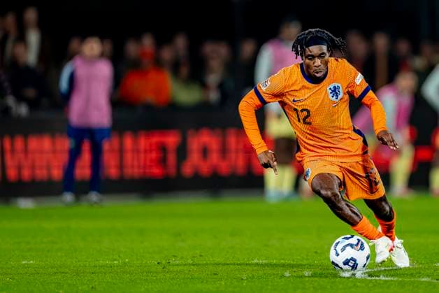 Netherlands defender Jeremie Frimpong during the match Netherlands - Spain at the Stadium Feijenoord De Kuip for the UEFA Nations League - Quarter-finals - 1st leg season 2024-2025 in ROTTERDAM, Netherlands on 20 march 2025, (photo by Marcel van Dorst EYE4images DeFodi Images)