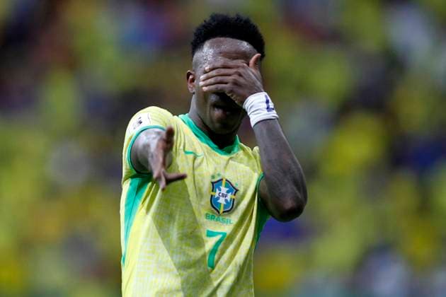 Sport Themen der Woche KW12 Sport Bilder des Tages 20th March 2025: Brasilia, Brazil: Vinicius Jr. of Brazil celebrates after scoring the second goal for 2-1 for his team in the 99th minute during the match between Brazil and Colombia for the 13th round of the FIFA 2026 qualifiers, at Mane Garrincha Stadium, in Brasilia, Brazil on March 20, 2025.  ActionPlus12763673 AdalbertoxMarques