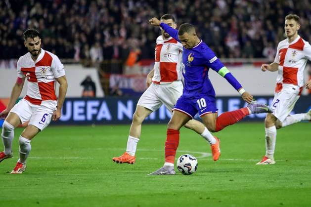 (250321) -- SPLIT, March 21, 2025 -- Kylian Mbappe (2nd R) of France shoots during the UEFA Nations League quarterfinal 1st leg football match between Croatia and France in Split, Croatia, on March 20, 2025. (Photo by Zvonimir Barisin PIXSELL via Xinhua) (SP)CROATIA-SPLIT-FOOTBALL-UEFA NATIONS LEAGUE-CRO VS FRA LixXuejun 