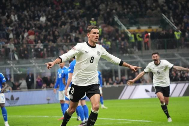 celebrate the goal, Torjubel zum 1:2 Leon Goretzka (Deutschland Germany, 8) - Mailand 20.03.2025: Italien vs. Deutschland, Nations League Viertelfinale Hinspiel, San Siro