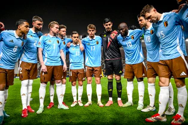 Ukraine v Belgium - UEFA Nations League Play-Off MURCIA, SPAIN - MARCH 20 : Tielemans Youri midfielder of Belgium, Debast Zeno defender of Belgium, De Bruyne Kevin forward of Belgium, De Cuyper Maxim midfielder of Belgium, Trossard Leandro forward of Belgium, De Ketelaere Charles midfielder of Belgium, Courtois Thibaut goalkeeper of Belgium, Lukaku Romelu forward of Belgium, Mechele Brandon defender of Belgium, Meunier Thomas defender of Belgium before the UEFA Nations League tournament League A B play-off match first round between Ukraine and Belgium on March 20, 2025 in Murcia, Spain, 20 03 2025 Murcia Spain  Copyright: xVincentxKalutx