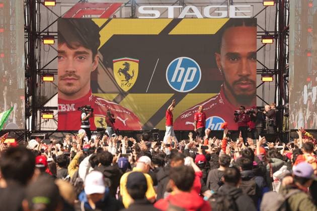 SHANGHAI, CHINA - MARCH 21: Ferrari s driver Lewis Hamilton and Ferrari s driver Charles Leclerc attend a fan meeting ahead of the Formula One Chinese Grand Prix at the Shanghai International Circuit on March 21, 2025 in Shanghai, China.  Copyright: xChinaxNewsxServicex 111556345877
