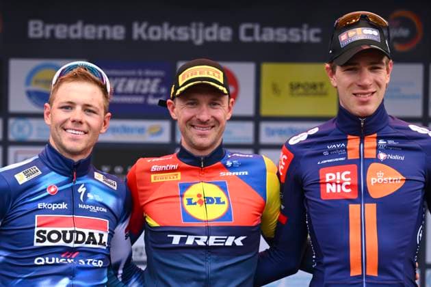 Bredene Koksijde Classic 2025 cycling race KOKSIJDE, BELGIUM - MARCH 21 : Lamperti Luke (USA) of Soudal Quick-Step, Theuns Edward (BEL) of Lidl - Trek and Eekhoff Nils (NED) of Team Picnic PostNL pictured during the podium ceremony of the Men Elite UCI 1.Pro 23rd Bredene Koksijde Classic cycling race with start in Bredene and finish in Koksijde (201 km) on March 21, 2025 in Koksijde, Belgium, 21 03 2025 ( Motordriver Stephan Boone & Koksijde Belgium  Copyright: xTomasxSiskx