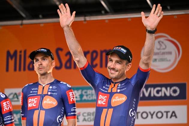 2025 Milan - Sanremo UCI WorldTour cycling race - Team presentation PAVIA, ITALY - MARCH 21 : Barguil Warren (FRA) of Team Picnic PostNL and Degenkolb John (GER) of Team Picnic PostNL pictured during the team presentation prior to the UCI WorldTour 116th Milan - Sanremo cycling race on March 21, 2025 in Pavia, Italy, 21 03 2025 ( Motordriver Kenny Verfaillie - Pavia Italy  Copyright: xNicoxVereeckenx
