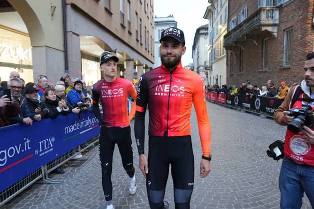 GANNA Filippo during Team Presentation at the men s elite race of the Milano - Sanremo one day cycling race (289 km) from Pavia to Sanremo - North West Italy - March 21, 2025. - cycling .  Copyright: xGianxMattiaxD Alberto LaPressex