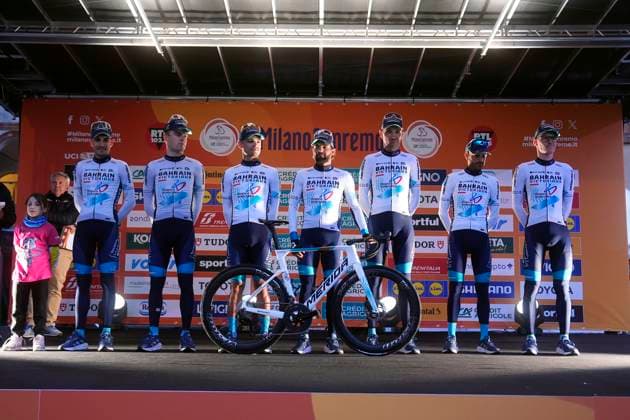 TEAM BAHRAIN VICTORIOUS during Team Presentation at the men s elite race of the Milano - Sanremo one day cycling race (289 km) from Pavia to Sanremo - North West Italy - March 21, 2025. - cycling .  Copyright: xFabioxFerrari LaPressex