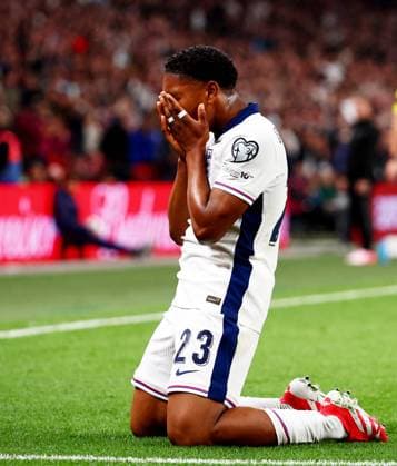 Myles Lewis-Skelly of England celebrates scoring a goal after making the score 1-0. England v Albania, FIFA 2026 World Cup Qualifying, Group K, Football, Wembley Stadium, London, UK - 21 Mar 2025 EDITORIAL USE ONLY No use with unauthorised audio, video, data, fixture lists, club league logos or live services. Online in-match use limited to 120 images, no video emulation. No use in betting, games or single club league player publications. Copyright: xJamesxMarsh Shutterstockx 15213679aj