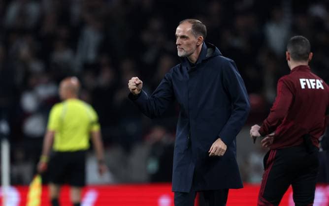 England Head Coach Thomas Tuchel celebrates Myles Lewis-Skelly of England opening goal to put England 1-0 up England v Albania - UEFA World Cup Qualifiers - Group K. Football. Wembley Stadium, London. UK. 3 MAR 2025 Editorial use only  Copyright: xJASONPIX Shutterstockx 15216523e
