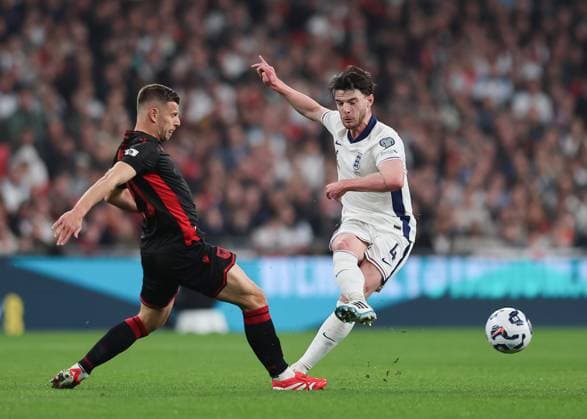 21st March 2025; Wembley Stadium, London, England; FIFA World Cup, WM, Weltmeisterschaft, Fussball Qualifying Group K International Football, England versus Albania; Declan Rice of England challenged by Ylber Ramadani of Albania  ActionPlus12763872 JohnxPatrickxFletcher