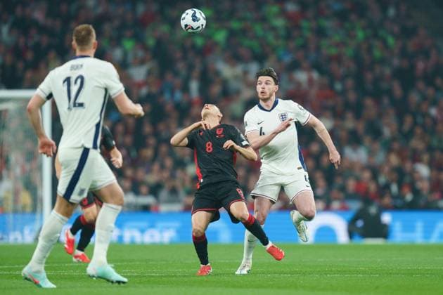 England v Albania Kristjan Asllani of Albania and Declan Rice of England battling for the ball during the England v Albania World Cup Group K qualifier at Wembley Stadium, London, England, United Kingdom on 21 March 2025 Credit: Dylan Hepworth Every Second Media Editorial use only. All images are copyright Every Second Media Limited. No images may be reproduced without prior permission. Copyright: xIMAGO EveryxSecondxMediax ESM-1390-0023 DylanxHepworthx xEveryxSecondxMediax