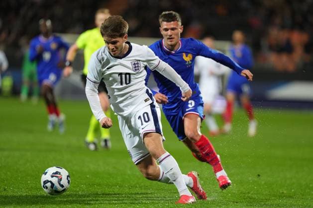 James McAtee of England France U21, U 21 v England U21, International Friendly, Länderspiel, Nationalmannschaft Football, Stade du Moustoir, Lorient, France - 21 Mar 2025 EDITORIAL USE ONLY No use with unauthorised audio, video, data, fixture lists, club league logos or live services. Online in-match use limited to 120 images, no video emulation. No use in betting, games or single club league player publications. Copyright: xDavexWinter Shutterstockx 15215626ag