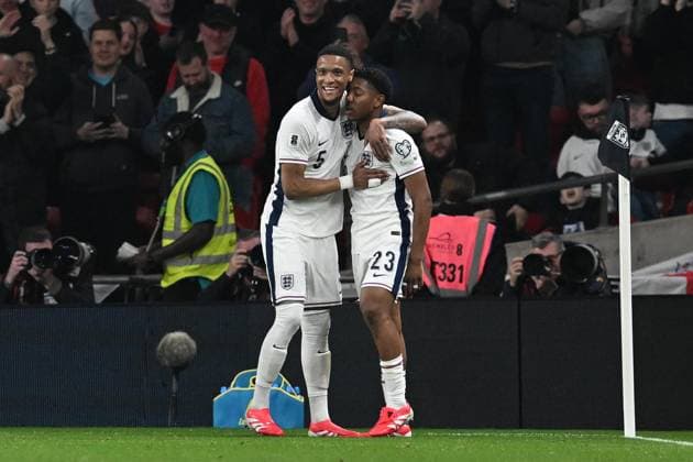 England v Albania 2026 FIFA World Cup, WM, Weltmeisterschaft, Fussball Qualifier 21 03 2025. Goal 1-0 - Myles Lewis-Skelly (23) of England celebrates scoring the opening goal with Ezri Konsa (5) of England during the 2026 FIFA World Cup Qualifier match between England and Albania at Wembley Stadium, London, England on 21 March 2025. London Wembley Stadium Greater London England Editorial use only , Copyright: xGrahamxHuntx PSI-21662-0088