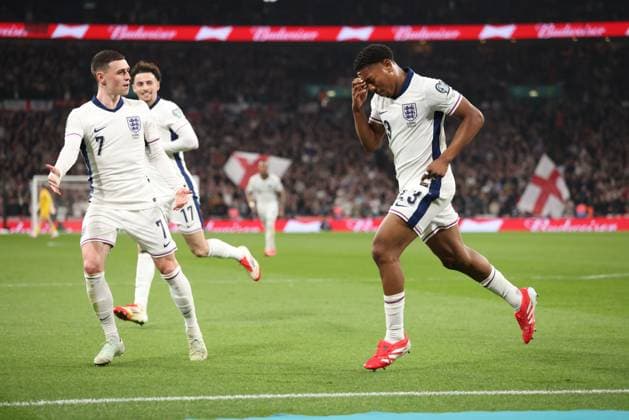 Myles Lewis-Skelly (E) celebrates scoring the first England goal (1-0) at the FIFA World Cup, WM, Weltmeisterschaft, Fussball Qualifier, England v Albania, at Wembley Stadium, London, UK on 21st March, 2025. 