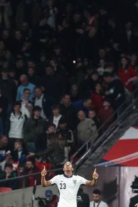 England v Albania 21 March 2025, London - UEFA EUROs Qualifiers - England v Albania - Myles Lewis-Skelley of England celebrate scoring the opening goal - Photo: Charlotte Wilson Offside. London UK Copyright: xCharlottexWilsonx xOffsidexOffside