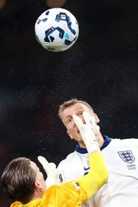England v Albania 21 March 2025, London - UEFA EUROs Qualifiers - England v Albania - England goalkeeper Jordan Pickford catches Dan Burn in the face - Photo: Charlotte Wilson Offside. London UK Copyright: xCharlottexWilsonx xOffsidexOffside