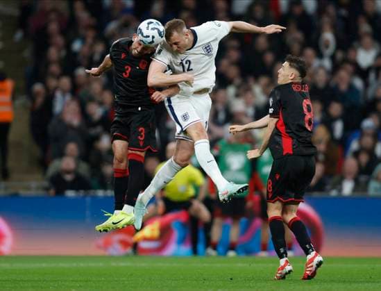 England v Albania - European Qualifiers Group K - FIFA World Cup, WM, Weltmeisterschaft, Fussball 2026 Dan Burn of England and Naser Aliji of Albania during the FIFA World Cup 2026 European Qualifier between England and Albania at Wembley Stadium on March 21, 2025 in London, England. London Wembley Stadium England United Kingdom Copyright: xNigelxFrench Sportsphoto APLx 14062498