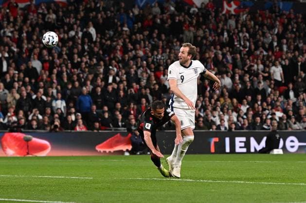England v Albania 2026 FIFA World Cup, WM, Weltmeisterschaft, Fussball Qualifier 21 03 2025. Harry Kane (9) of England heads his shot at goal wide of the post during the 2026 FIFA World Cup Qualifier match between England and Albania at Wembley Stadium, London, England on 21 March 2025. London Wembley Stadium Greater London England Editorial use only , Copyright: xGrahamxHuntx PSI-21662-0103