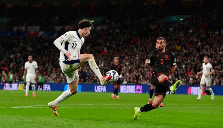 England v Albania, London, UK - 21 Mar 2025 Curtis Jones of England challenges for the ball with Naser Aliji of Albania during the FIFA World Cup, WM, Weltmeisterschaft, Fussball Qualifier match between England and Albania on 21st March 2025 at Wembley Stadium, London London Wembley Stadium London GBR Copyright: xFrankiexOKeeffe PPAUKx PPA-174850