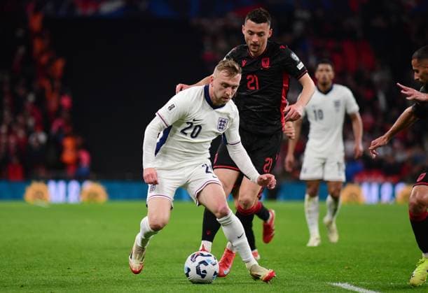 England v Albania, London, UK - 21 Mar 2025 Jarrod Bowen of England challenges for the ball with Arber Hoxha of Albania during the FIFA World Cup, WM, Weltmeisterschaft, Fussball Qualifier match between England and Albania on 21st March 2025 at Wembley Stadium, London London Wembley Stadium London GBR Copyright: xFrankiexOKeeffe PPAUKx PPA-174872