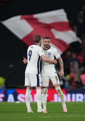 England v Albania, UEFA World Cup qualifiers - Group Stage - Group K, Football, Wembley Stadium, London, UK - 21 Mar 2025 Harry Kane of England and Kyle Walker of England celebrate at the end of the game. London Wembley Stadium London GBR, UK NEWSPAPERS OUT Copyright: xSeanxRyanx
