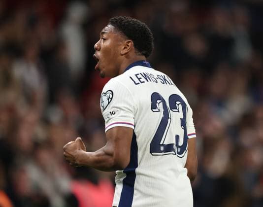 Sport Bilder des Tages Myles Lewis-Skelly (E) celebrates scoring the first England goal (1-0) at the FIFA World Cup, WM, Weltmeisterschaft, Fussball Qualifier, England v Albania, at Wembley Stadium, London, UK on 21st March, 2025. 