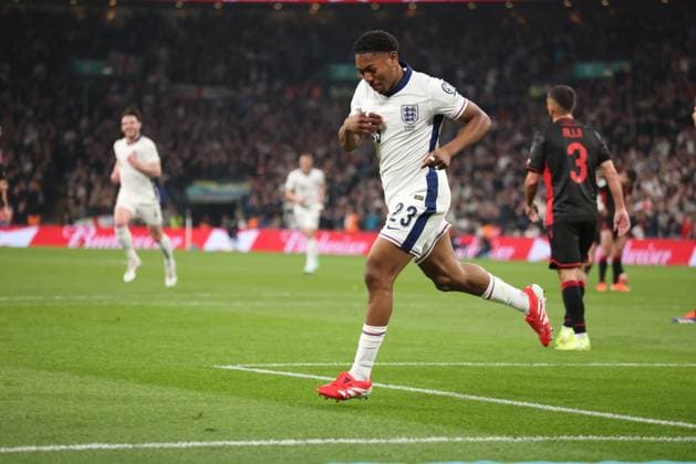 Myles Lewis-Skelly (E) celebrates scoring the first England goal (1-0) at the FIFA World Cup, WM, Weltmeisterschaft, Fussball Qualifier, England v Albania, at Wembley Stadium, London, UK on 21st March, 2025. 