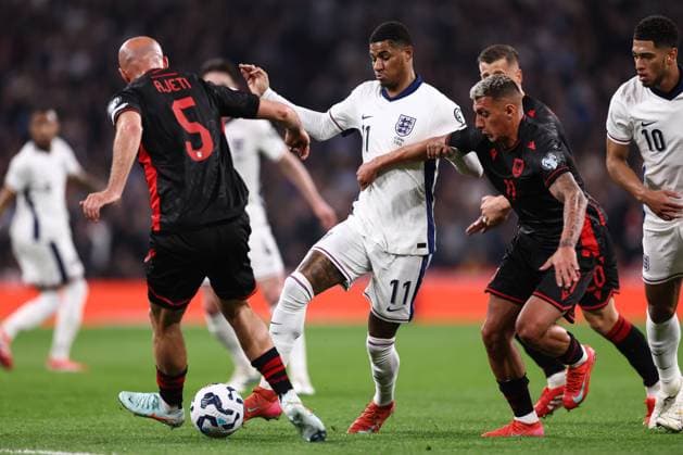 England v Albania 21 March 2025, London - World Cup European Qualifiers - England v Albania - Marcus Rashford of England takes on Arlind Ajeti of Albania - Photo: Jacques Feeney Offside. London UK Copyright: xJacquesxFeeneyx xOffsidexOffside