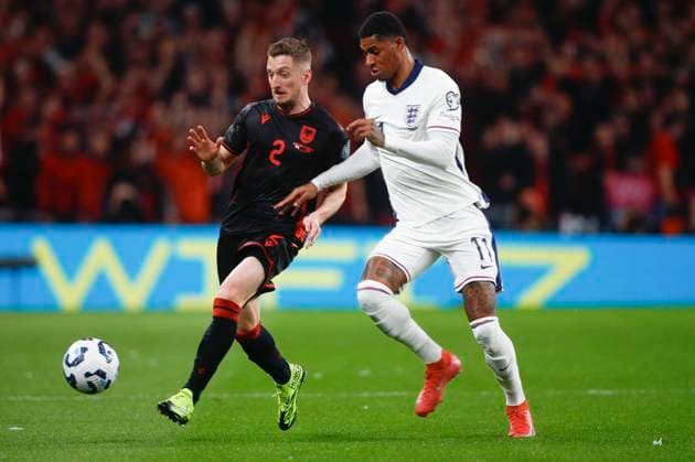 England v Albania 2026 FIFA World Cup, WM, Weltmeisterschaft, Fussball Qualifiers Ivan Balliu of Albania and Jude Bellingham of England in action during the 2026 FIFA World Cup Qualifiers Group K match at Wembley Stadium, London UK Newspapers OUT Copyright: xPaulxChestertonx FIL-21611-0087