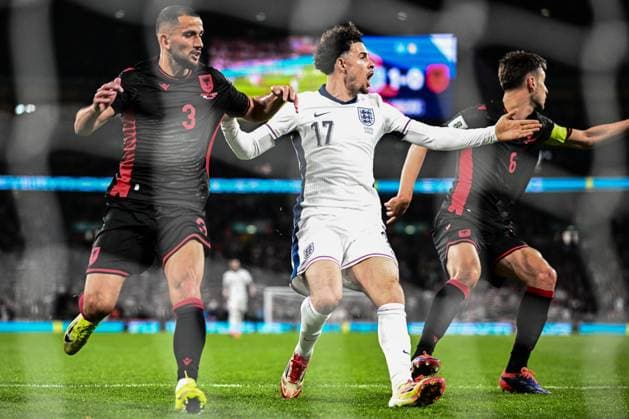 LONDON, ENGLAND - MARCH 21: Naser Aliji of Albania and Curtis Jones of England during the FIFA World Cup, WM, Weltmeisterschaft, Fussball 2026 European Qualifier between England and Albania at Wembley Stadium on March 21, 2025 in London, England. Photo by Sebastian Frej England v Albania - European Qualifiers Group K - FIFA World Cup 2026 Copyright: xSebastianxFrejx