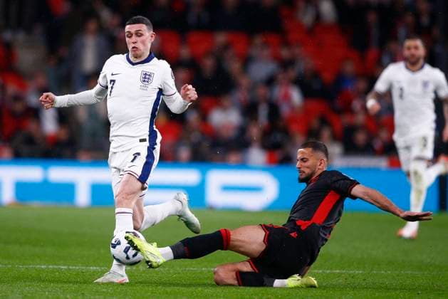 England v Albania 2026 FIFA World Cup, WM, Weltmeisterschaft, Fussball Qualifiers Naser Aliji of Albania and Phil Foden of England in action during the 2026 FIFA World Cup Qualifiers Group K match at Wembley Stadium, London UK Newspapers OUT Copyright: xPaulxChestertonx FIL-21611-0115