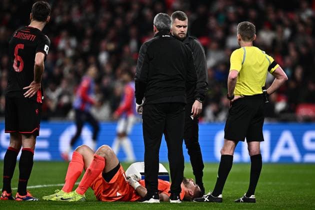 LONDON, ENGLAND - MARCH 21: Thomas Strakosha, goalkeeper of Albania injured during the FIFA World Cup, WM, Weltmeisterschaft, Fussball 2026 European Qualifier between England and Albania at Wembley Stadium on March 21, 2025 in London, England. Photo by Sebastian Frej England v Albania - European Qualifiers Group K - FIFA World Cup 2026 Copyright: xSebastianxFrejx