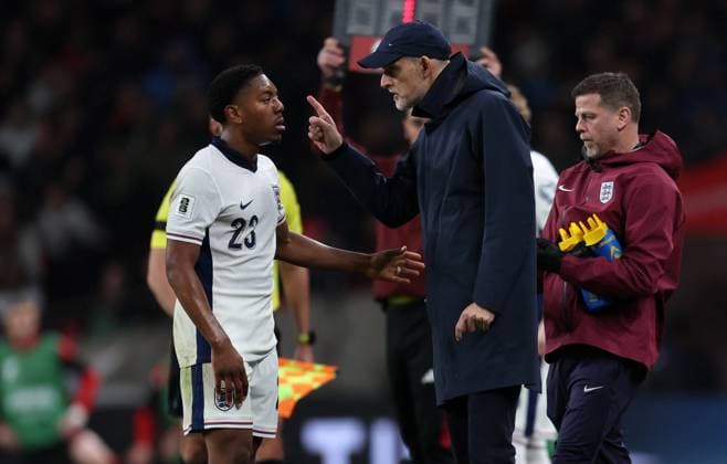 England Head Coach Thomas Tuchel with Myles Lewis-Skelly of England England v Albania - UEFA World Cup Qualifiers - Group K. Football. Wembley Stadium, London. UK. 3 MAR 2025 Editorial use only  Copyright: xJASONPIX Shutterstockx 15216523cb