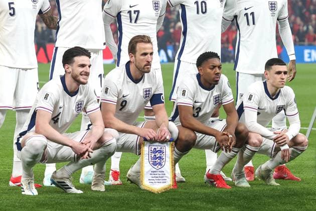 England v Albania 21 March 2025, London - UEFA EUROs Qualifiers - England v Albania - Declan Rice, captain Harry Kane, Myles Lewis-Skelly and Phil Foden of England - Photo: Charlotte Wilson Offside. London UK Copyright: xCharlottexWilsonx xOffsidexOffside