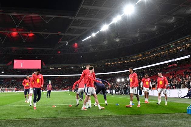 England v Albania 2026 FIFA World Cup, WM, Weltmeisterschaft, Fussball Qualifier 21 03 2025. England players warming up ahead of the 2026 FIFA World Cup Qualifier match between England and Albania at Wembley Stadium, London, England on 21 March 2025. London Wembley Stadium Greater London England Editorial use only , Copyright: xGrahamxHuntx PSI-21662-0251