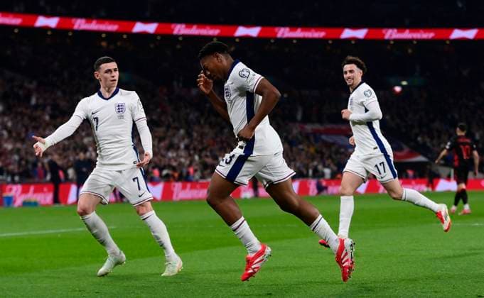 England v Albania, London, UK - 21 Mar 2025 Goal celebrations for Myles Lewis-Skelly of England during the FIFA World Cup, WM, Weltmeisterschaft, Fussball Qualifier match between England and Albania on 21st March 2025 at Wembley Stadium, London London Wembley Stadium London GBR Copyright: xFrankiexOKeeffe PPAUKx PPA-174918