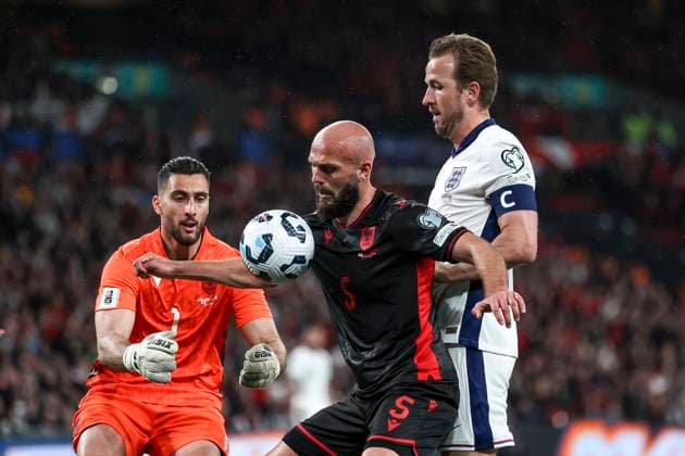 London,England,March 21st,2025: Strakosha (1 Albania), Ajeti (5 Albania) and Harry Kane (9 England) in action during the UEFA European Qualifiers football match between England vs Albania at Wembley Stadium,London on March 21st, 2025 (Joao Bravo SPP) Copyright: xJoaoxBravoxx xSPPx spp-en-JoBr-JBF-0904