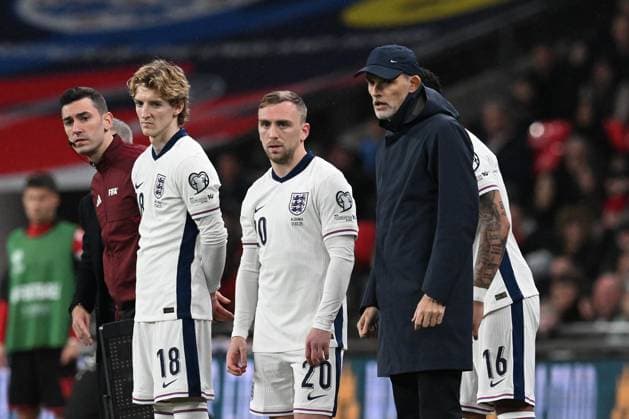 England v Albania 2026 FIFA World Cup, WM, Weltmeisterschaft, Fussball Qualifier 21 03 2025. England head coach Thomas Tuchel with substitutes Anthony Gordon (18) of England, Jarrod Bowen (20) of England and Morgan Rogers (16) of England during the 2026 FIFA World Cup Qualifier match between England and Albania at Wembley Stadium, London, England on 21 March 2025. London Wembley Stadium Greater London England Editorial use only , Copyright: xGrahamxHuntx PSI-21662-0264
