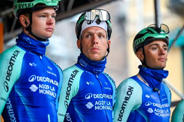 2025 Milan - Sanremo UCI WorldTour cycling race SANREMO, ITALY - MARCH 22 : De Pestel Sander (BEL) of Decathlon AG2R La Mondiale Team on stage before the start of the race during the UCI WorldTour 116th Milan - Sanremo cycling race with start in Pavia and finish at the Via Roma in Sanremo on March 22, 2025 in Sanremo, Italy, 22 03 2025 ( Motordriver Kenny Verfaillie - Sanremo Italy  Copyright: xNicoxVereeckenx