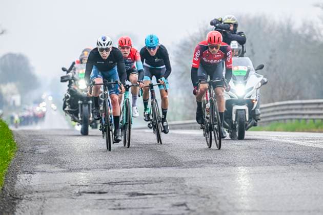 2025 Milan - Sanremo UCI WorldTour cycling race SANREMO, ITALY - MARCH 22 : Le Berre Mathis (FRA) of Arkea - B&B Hotels, Steward Mark (GBR) of Team Solution Tech - Vini Fantini, Veistroffer Baptiste (BEL) of Lotto Cycling Team in the escape pack during the UCI WorldTour 116th Milan - Sanremo cycling race with start in Pavia and finish at the Via Roma in Sanremo on March 22, 2025 in Sanremo, Italy, 22 03 2025 ( Motordriver Kenny Verfaillie - Sanremo Italy  Copyright: xNicoxVereeckenx