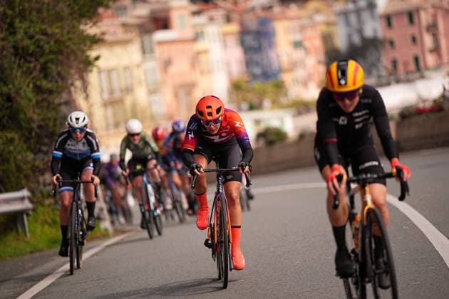The pack rides cycles during the women™s elite race of the Sanremo Women, one day cycling race from Genova to Sanremo in 156km - North Italy- Saturday, March 22, 2025. - cycling .  Copyright: xMarcoxAlpozzi LaPressex