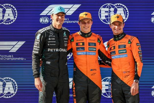 F1 Grand Prix Of China - Sprint & Qualifying In Shanghai, China, on March 22, 2025, a photo of the top 3 qualifiers (from left to right: George Russell, Oscar Piastri, Lando Norris) is taken during the qualifying session ahead of the F1 Grand Prix of China at Shanghai International Circuit. Shanghai Shanghai China  Copyright: xPaddockerx originalFilename:paddocker-f1grandp250322_npWlq.jpg