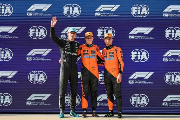 F1 Grand Prix Of China - Sprint & Qualifying In Shanghai, China, on March 22, 2025, a photo of the top 3 qualifiers (from left to right: George Russell, Oscar Piastri, Lando Norris) is taken during the qualifying session ahead of the F1 Grand Prix of China at Shanghai International Circuit. Shanghai Shanghai China  Copyright: xPaddockerx originalFilename:paddocker-f1grandp250322_npwnj.jpg