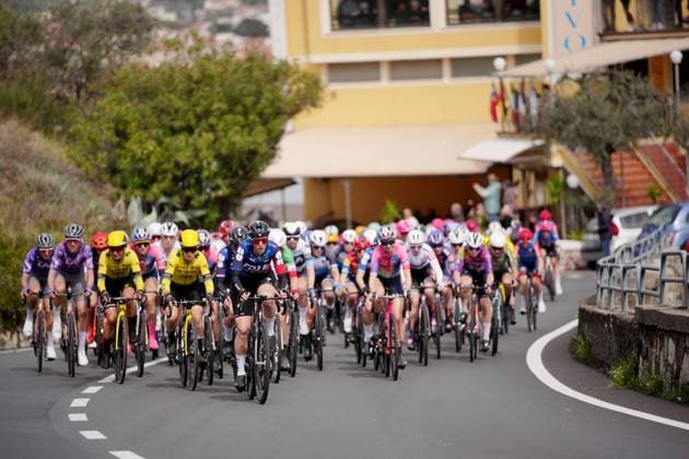 The pack rides cycles during the women™s elite race of the Sanremo Women, one day cycling race from Genova to Sanremo in 156km - North Italy- Saturday, March 22, 2025. - cycling .  Copyright: xMarcoxAlpozzi LaPressex
