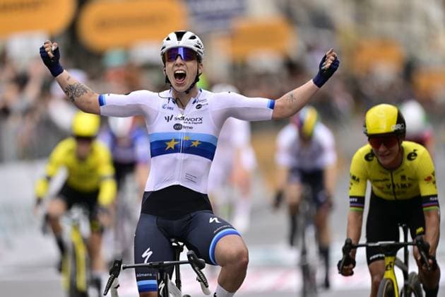 Dutch Lorena Wiebes of SD Worx-Protime celebrates as she crosses the finish line to win the Milano-Sanremo Donne one day cycling race for women, 156km from Milan to Sanremo, Italy, Saturday 22 March 2025. DIRKxWAEM  x115406334x