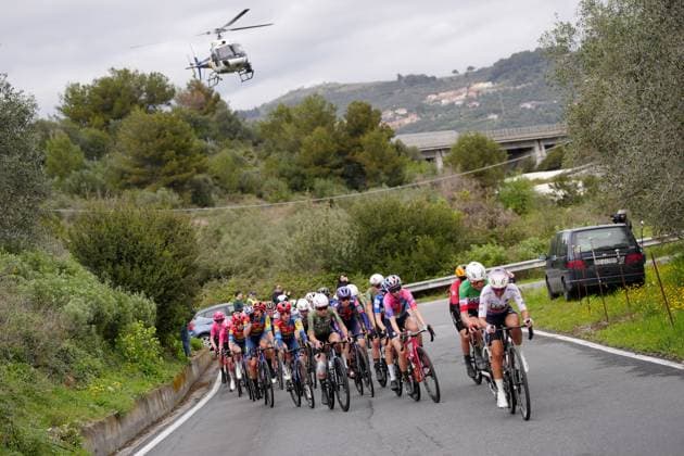 The pack rides cycles during the women™s elite race of the Sanremo Women, one day cycling race from Genova to Sanremo in 156km - North Italy- Saturday, March 22, 2025. - cycling .  Copyright: xMarcoxAlpozzi LaPressex