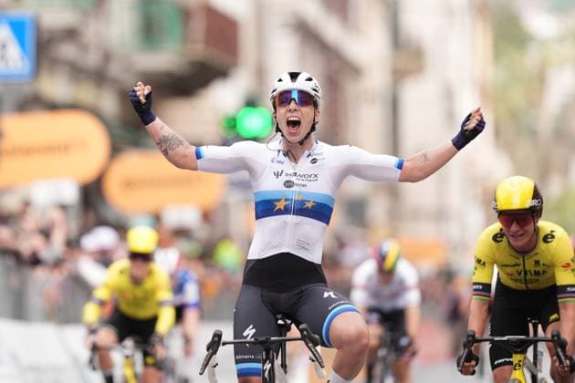 WIEBES Lorena Team TEAM SD WORX - PROTIME celebrates as he cycles to the finish line to win the women™s elite race of the Sanremo Women, one day cycling race from Genova to Sanremo in 156km - North Italy- Saturday, March 22, 2025. - cycling .  Copyright: xMassimoxPaolone LaPressex
