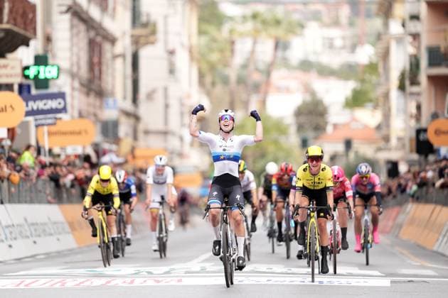 WIEBES Lorena Team TEAM SD WORX - PROTIME celebrates as he cycles to the finish line to win the women™s elite race of the Sanremo Women, one day cycling race from Genova to Sanremo in 156km - North Italy- Saturday, March 22, 2025. - cycling .  Copyright: xMassimoxPaolone LaPressex