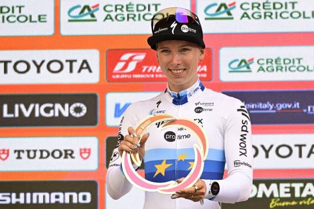 Dutch Lorena Wiebes of SD Worx-Protime celebrates on the podium after winning the Milano-Sanremo Donne one day cycling race for women, 156km from Milan to Sanremo, Italy, Saturday 22 March 2025. DIRKxWAEM  x115407233x