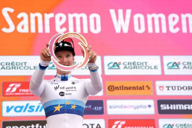 WIEBES Lorena Team TEAM SD WORX - PROTIME celebrate on the podium after the during the women™s elite race of the Sanremo Women, one day cycling race from Genova to Sanremo in 156km - North Italy- Saturday, March 22, 2025. - cycling .  Copyright: xMassimoxPaolone LaPressex